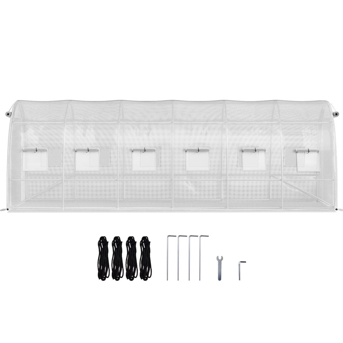 Tunnel greenhouse kit with white cover and galvanized frame, plus included black straps and poles