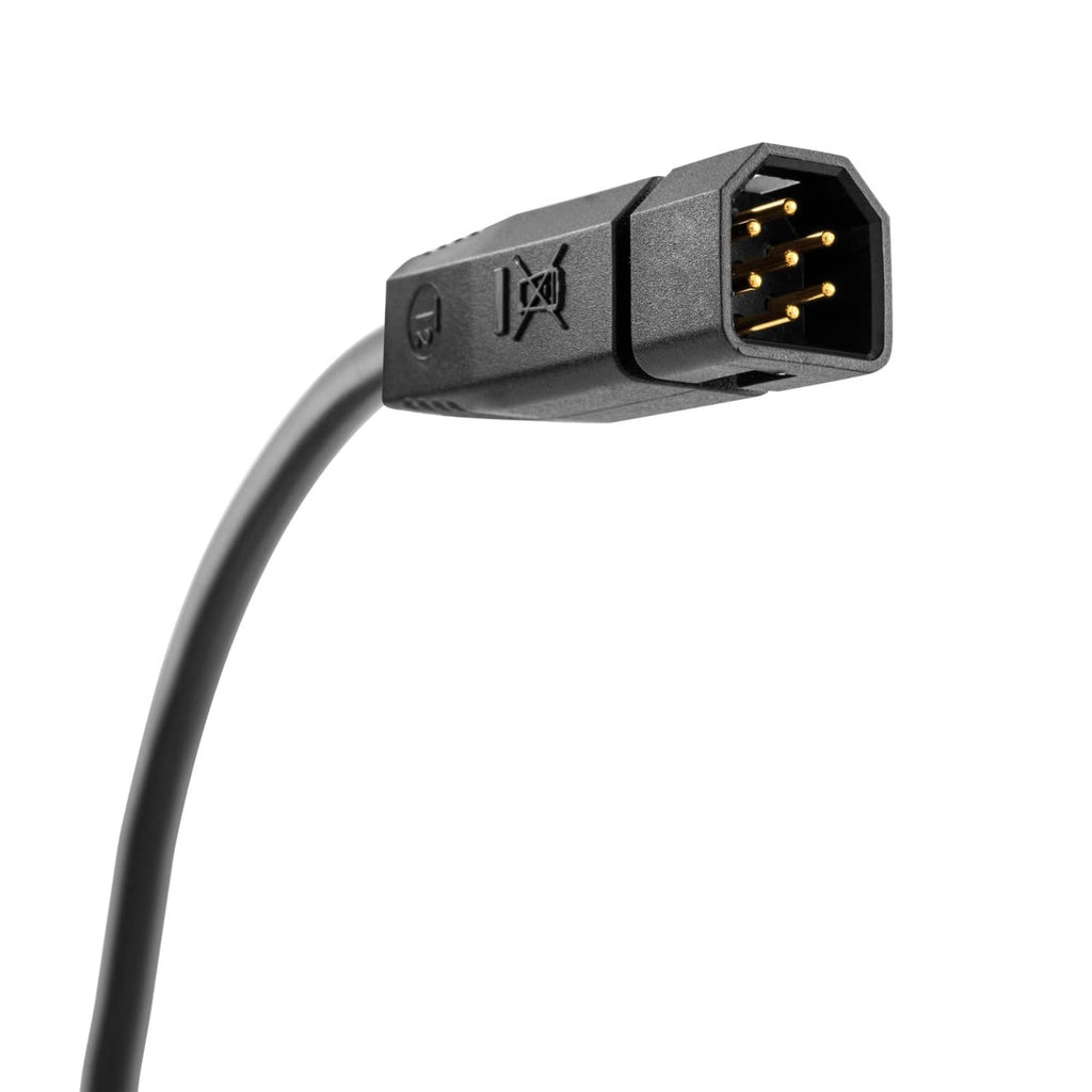 Black angled multi-pin connector plug with gold contacts.