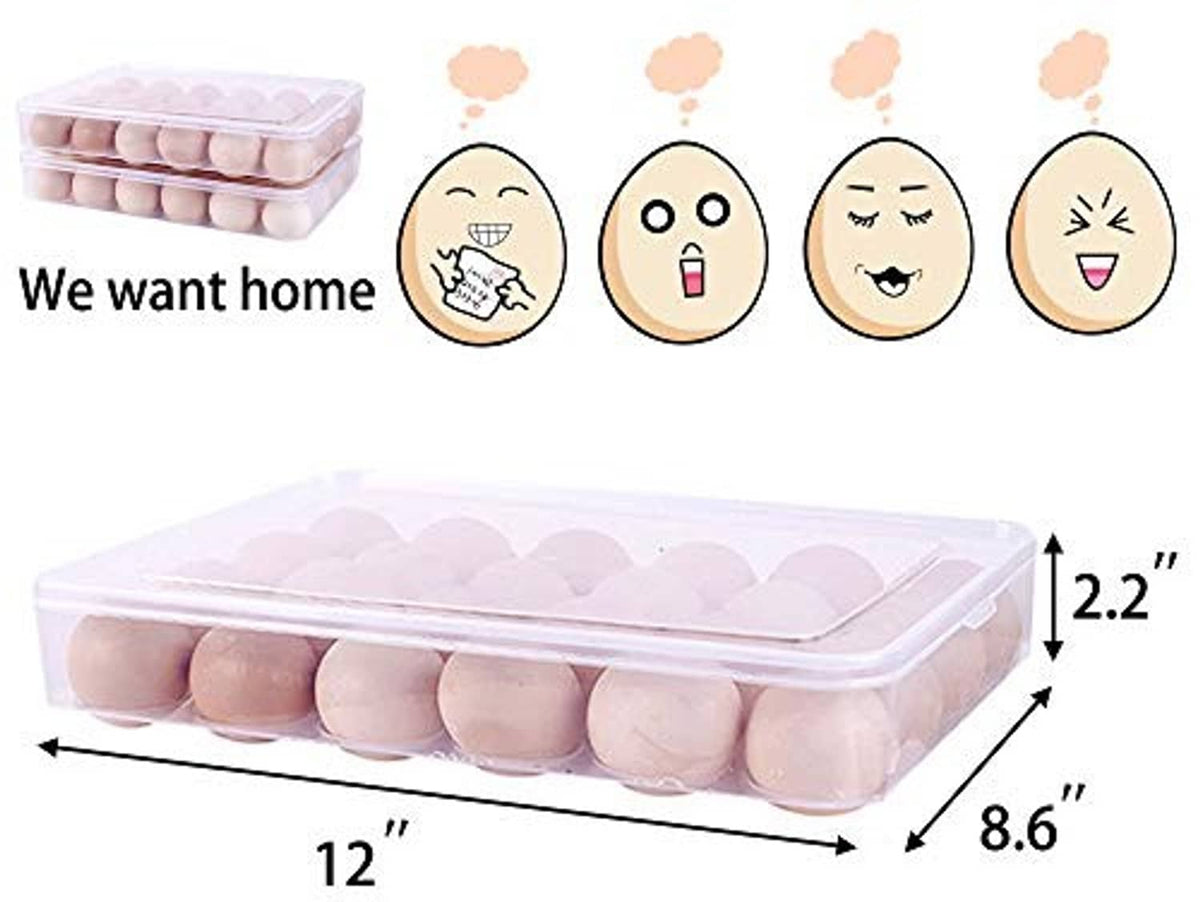 Clear plastic egg holder with lid, shown with size measurements