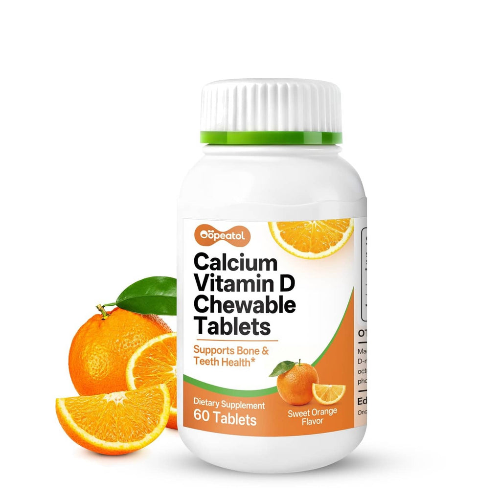 Calcium Vitamin D3 chewable tablets bottle with green cap and orange sweet flavor label