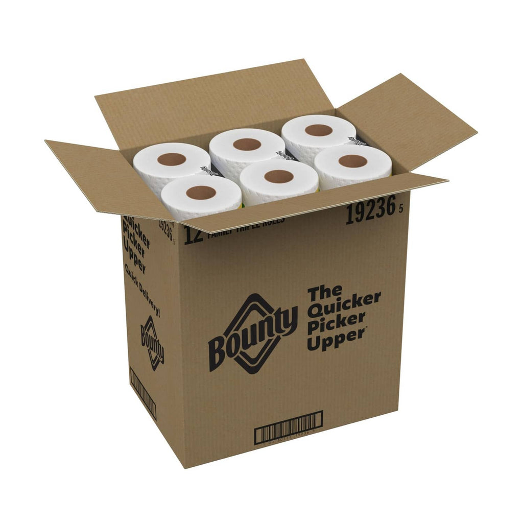 Bounty Quick-Size paper towel rolls, white, in open cardboard box with roll ends visible