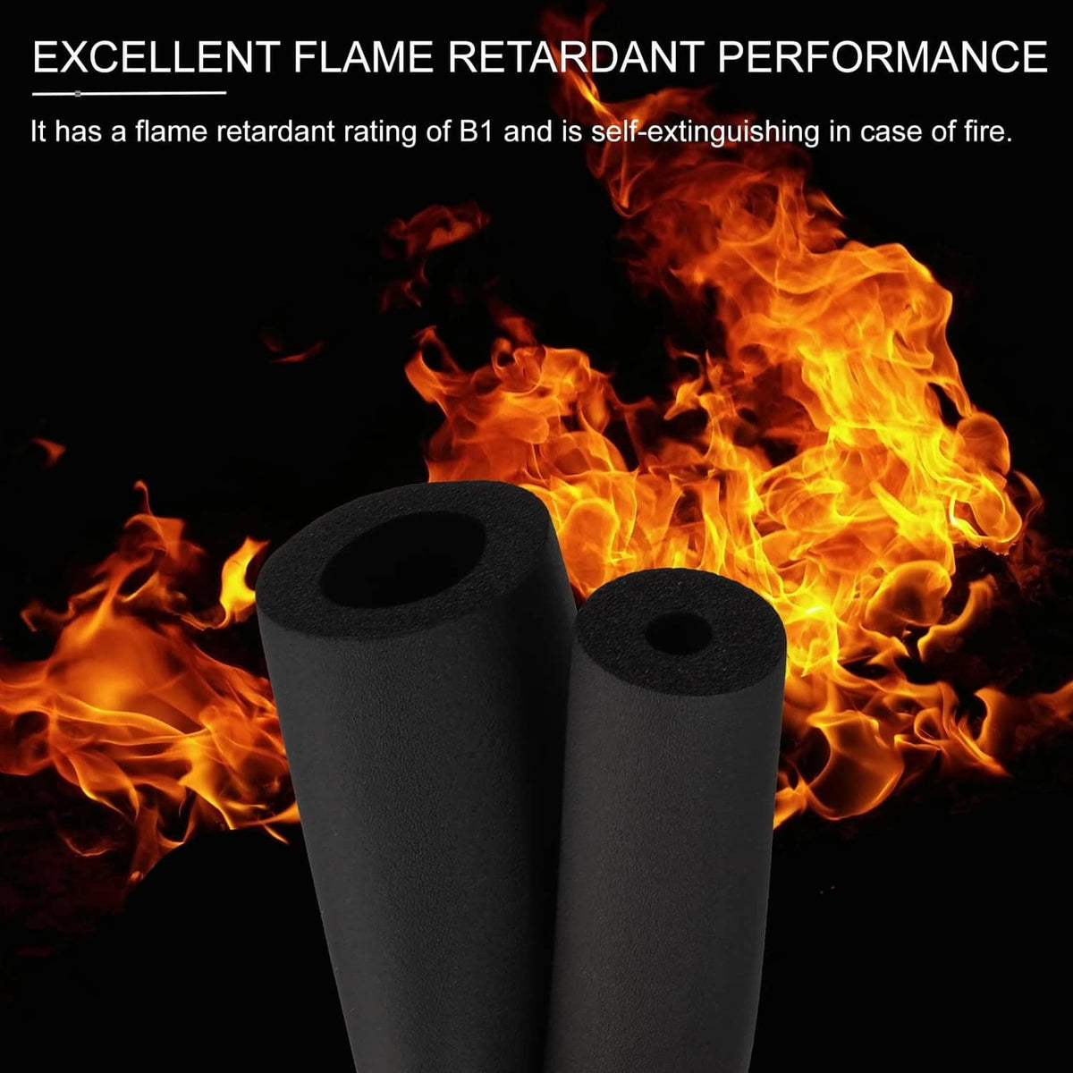 Dark gray foam pipe insulation tubing with circular hollow cutout openings