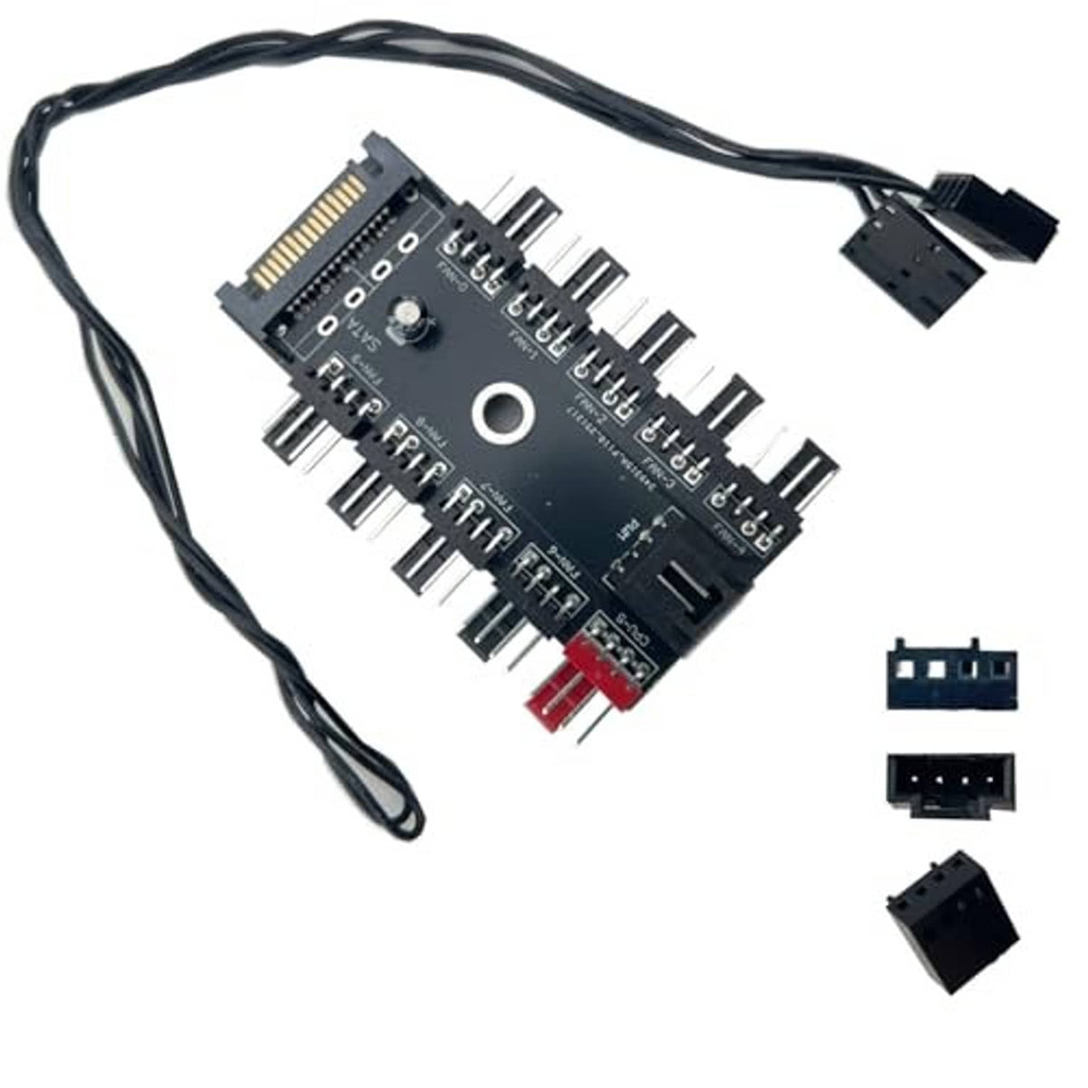 10-way PWM fan hub PCB with 4-pin headers, attached cable, and extra connector pieces