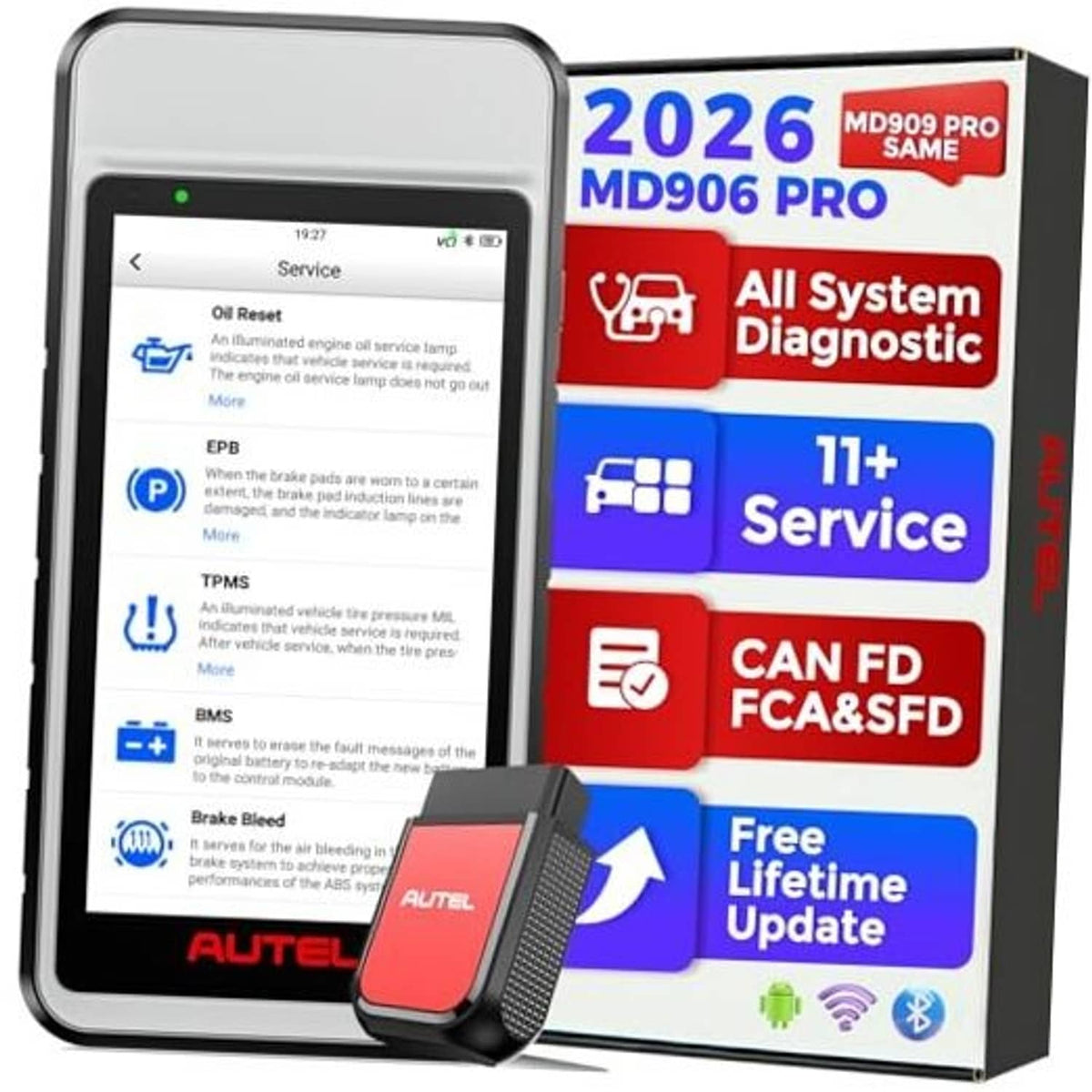 OBD2 diagnostic scan tool with tablet screen and red VCI cable connector attached