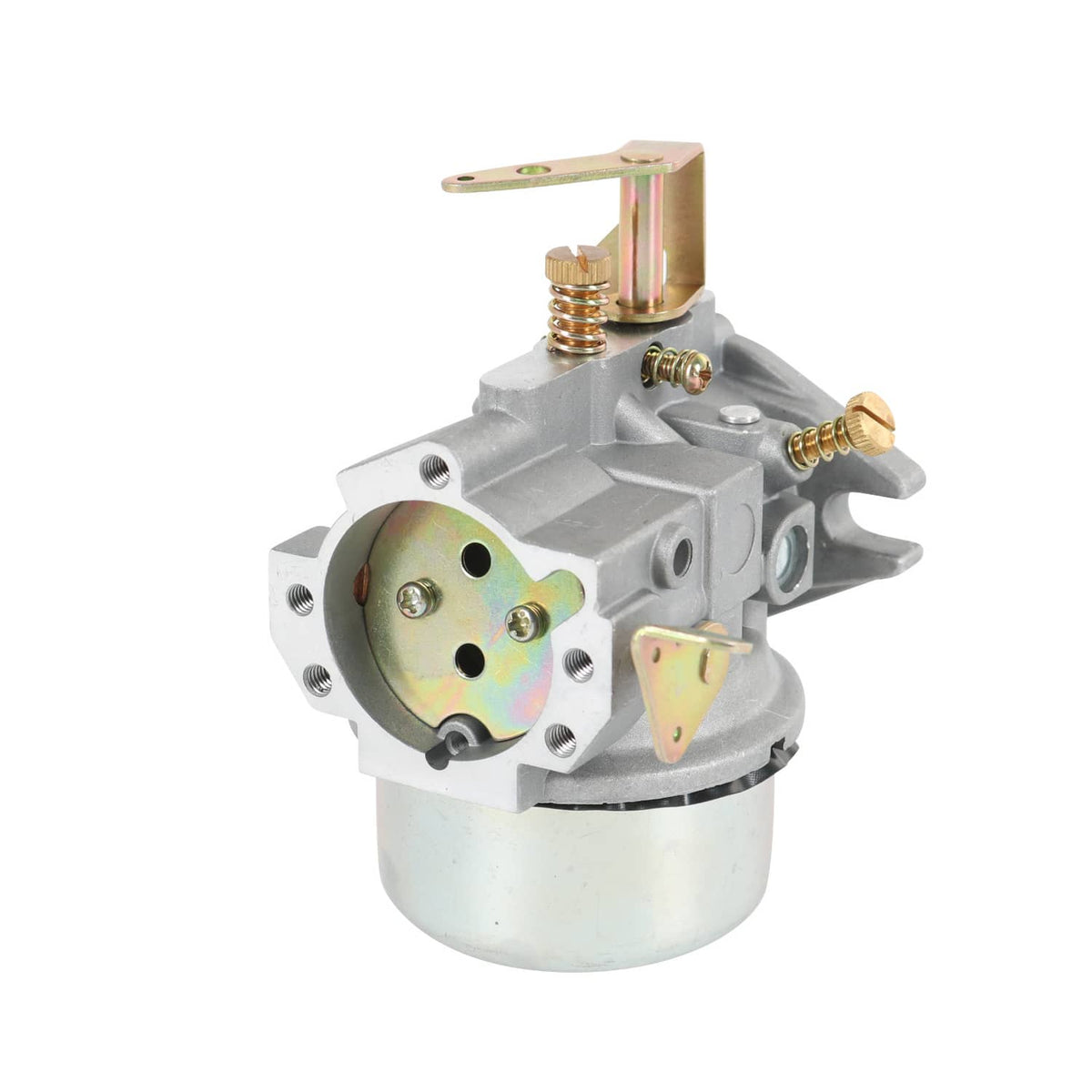 Gray carburetor assembly with round plate, gold screws, and spring-loaded parts