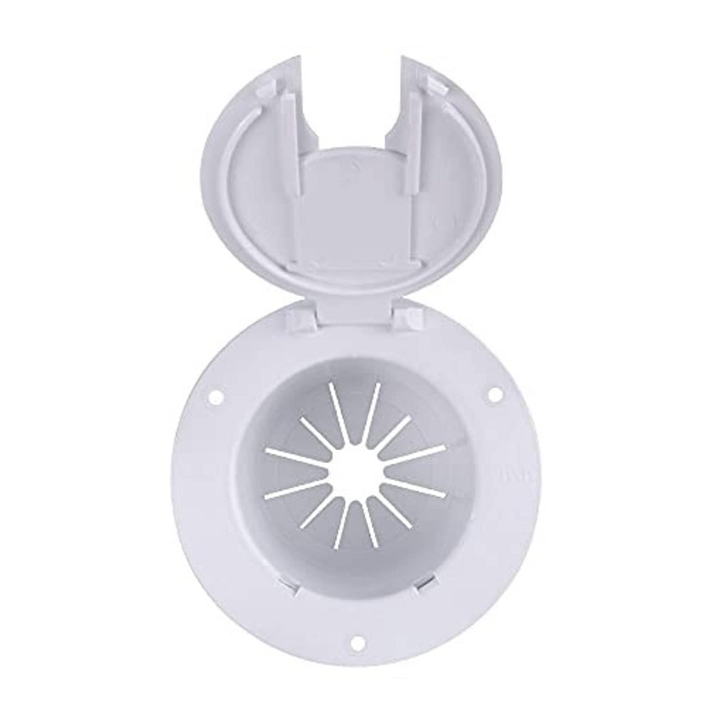 White RV power cord hatch cover with open lid showing mounting clips