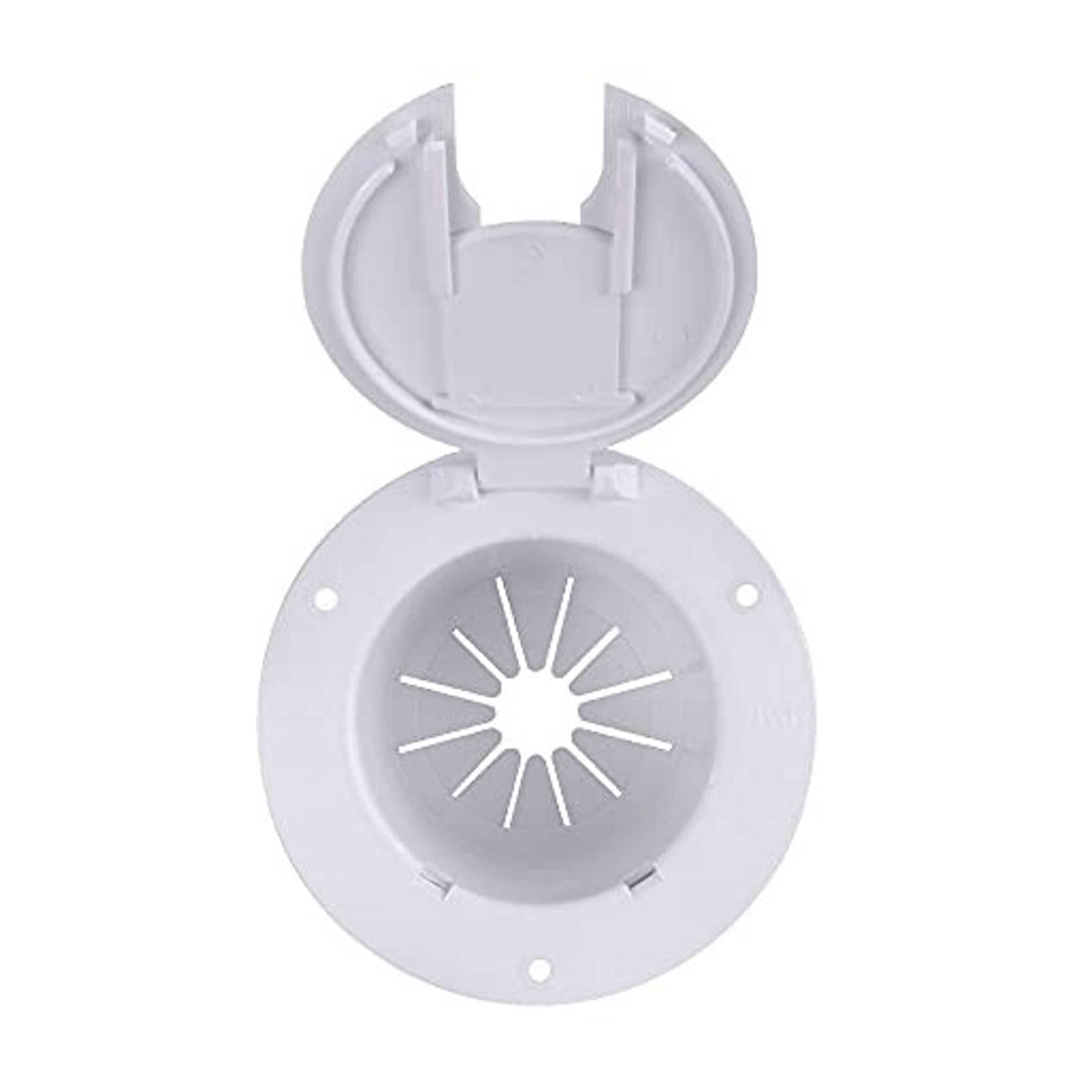 White RV power cord hatch cover with open lid showing mounting clips