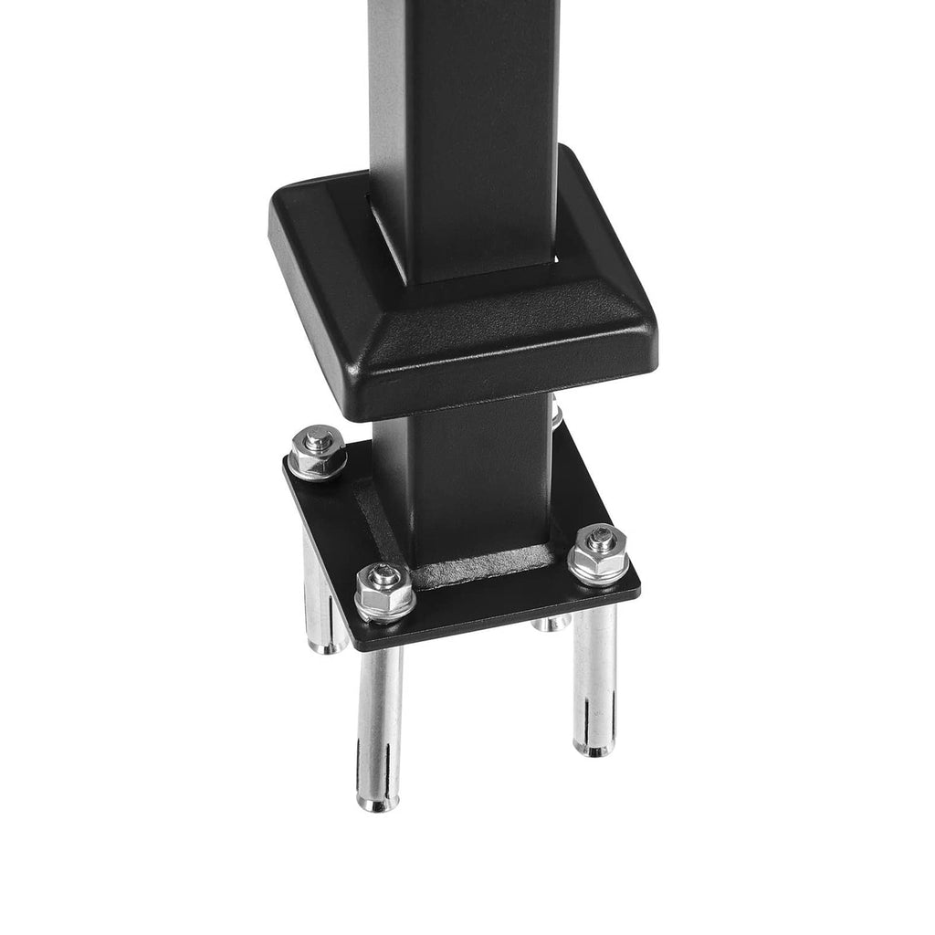 Floor-mounted handrail base plate with bolts and vertical post, dark finish