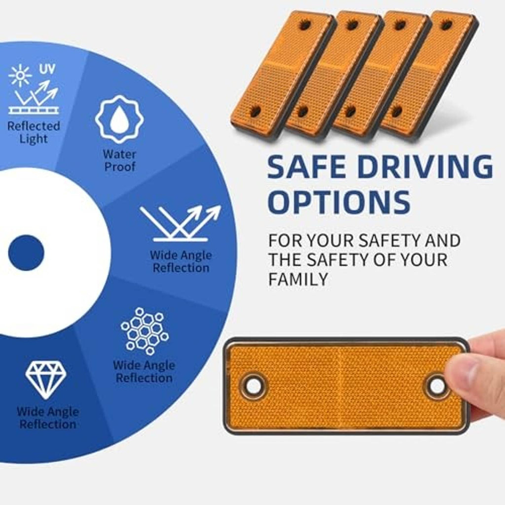 Orange rectangular reflector plate being held by hand, two screw mounting holes visible