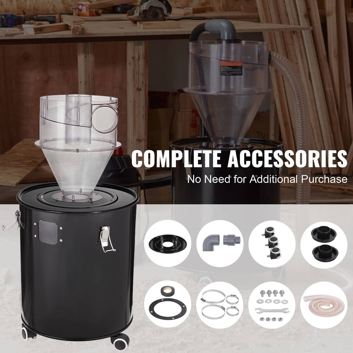 Cyclone dust separator with clear hopper, black drum tank, and included accessory parts