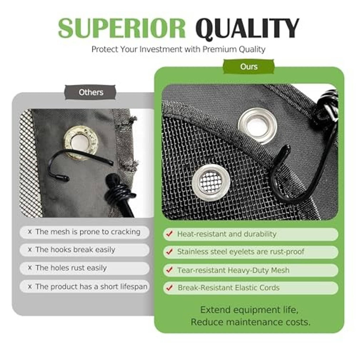 Outdoor AC unit mesh cover close-up showing textured breathable fabric and metal grommets.
