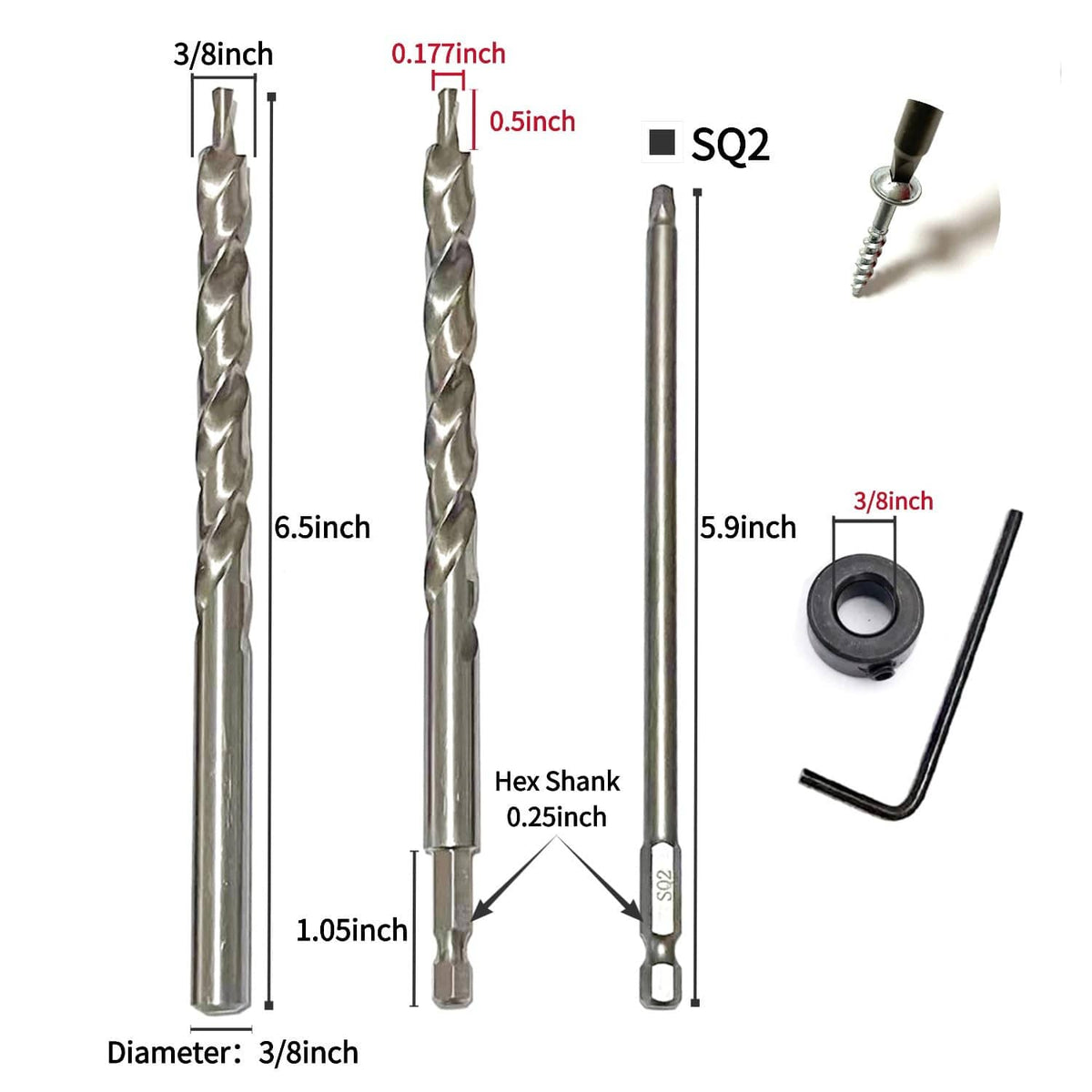 3/8 in drill bits with depth stop collar, hex shanks, SQ2 bits and screws (size diagram)