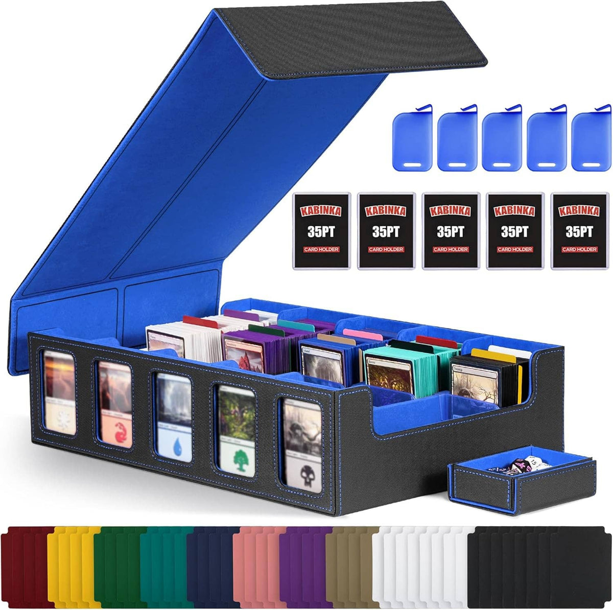 Blue trading card storage box with black front card windows and hinged lid, deck case