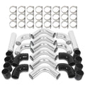 Intercooler piping kit with silver aluminum pipes, black silicone couplers, and T-clamps