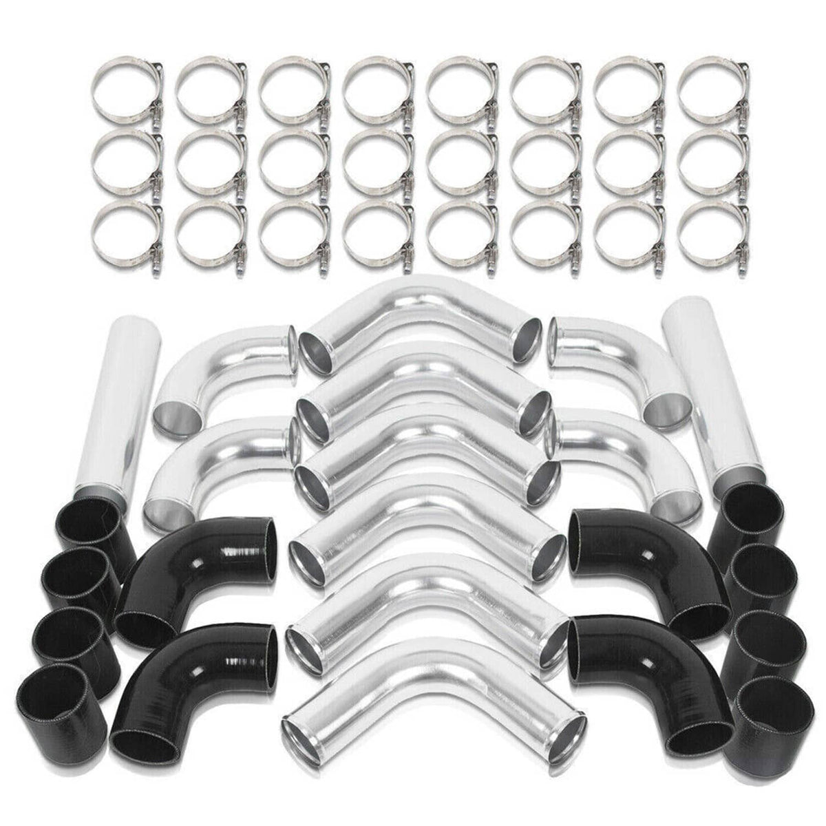 Intercooler piping kit with silver aluminum pipes, black silicone couplers, and T-clamps
