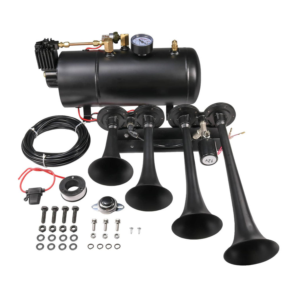 Air horn compressor tank with four trumpet horns, pressure gauge, and power wires