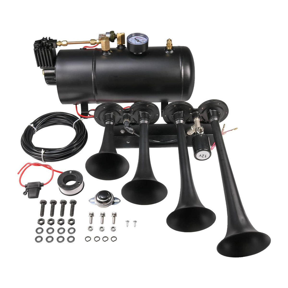 Air horn compressor tank with four trumpet horns, pressure gauge, and power wires