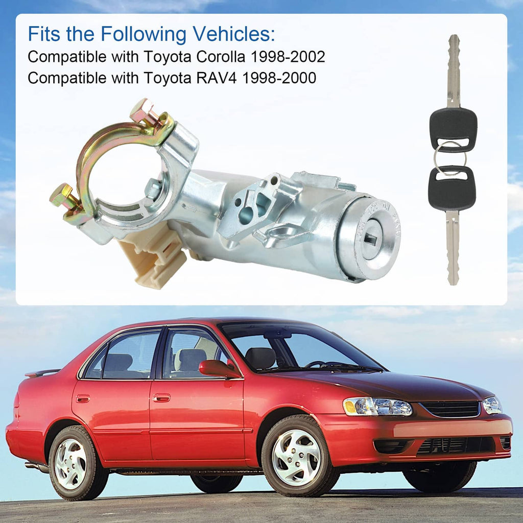 Ignition switch cylinder with two keys and metal mounting plate, beige and silver