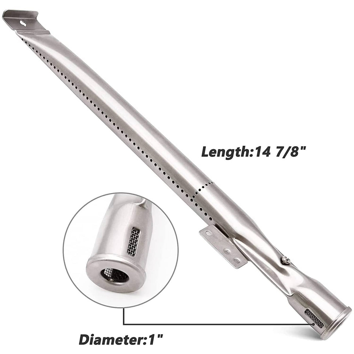 Stainless steel grill burner tube with length 14 7/8 in and 1 in diameter