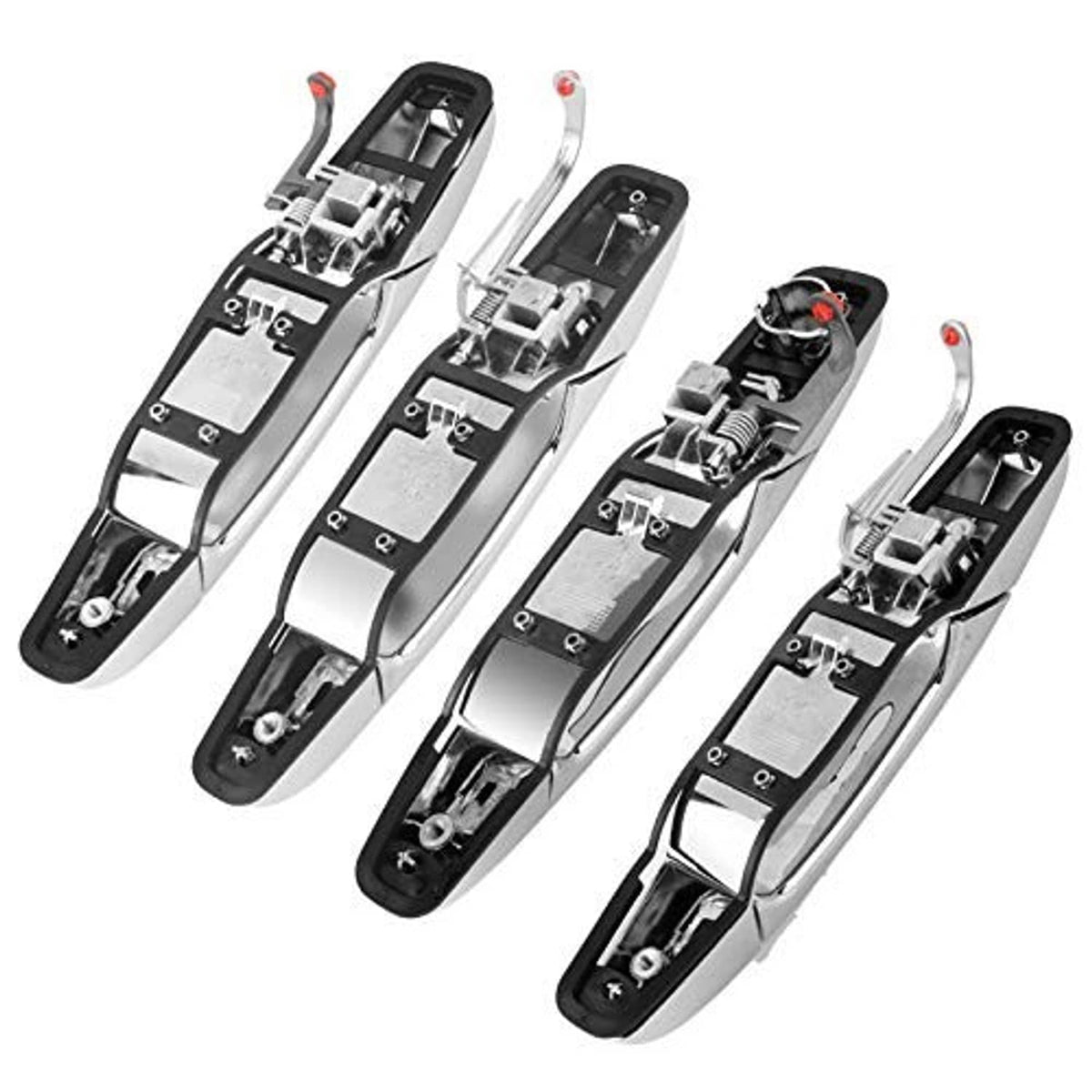 Chrome exterior door handle set with backs exposed, showing brackets and screw holes