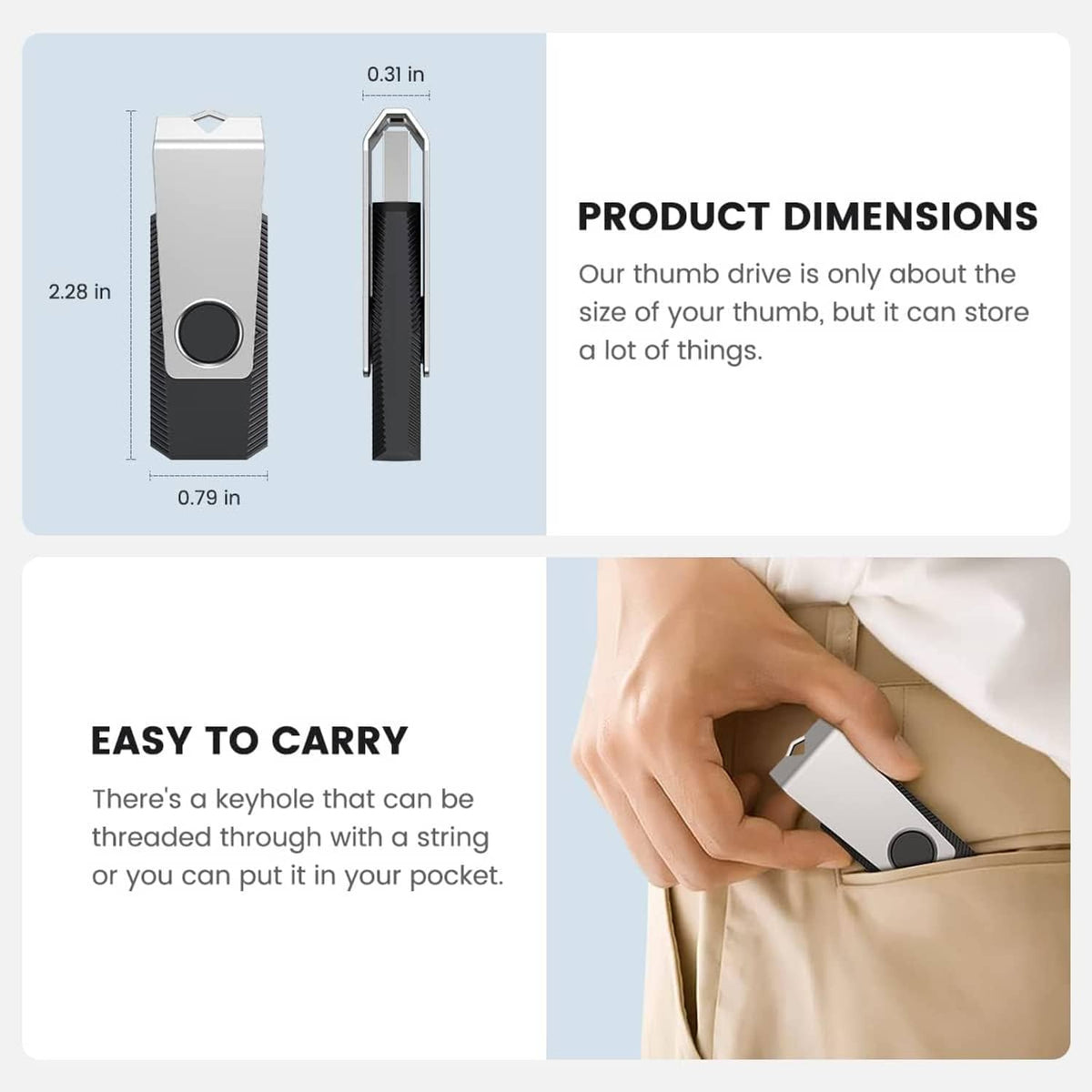 USB thumb drive with black base and silver metal cap; product dimension diagram