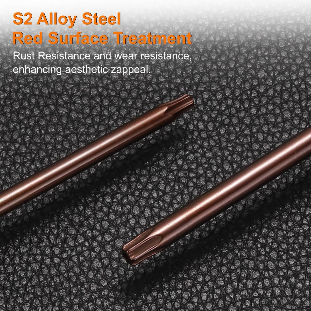 Torx screwdriver shafts in brown finish, shown on textured black surface