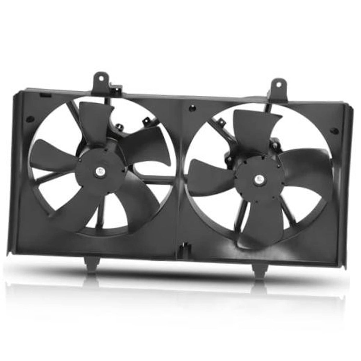 Dual radiator condenser fan assembly with two black cooling fans and mounting frame.
