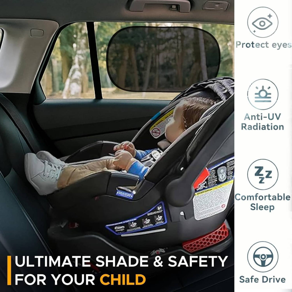 Black car window sun shade installed on the rear side window, oval shape.