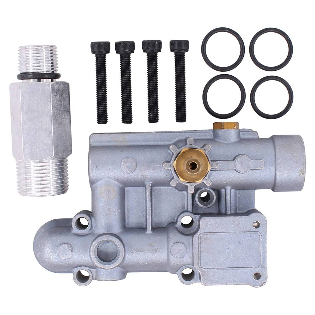ApplianPar pressure washer unloader manifold kit with grey housing, bolts, and four O-rings