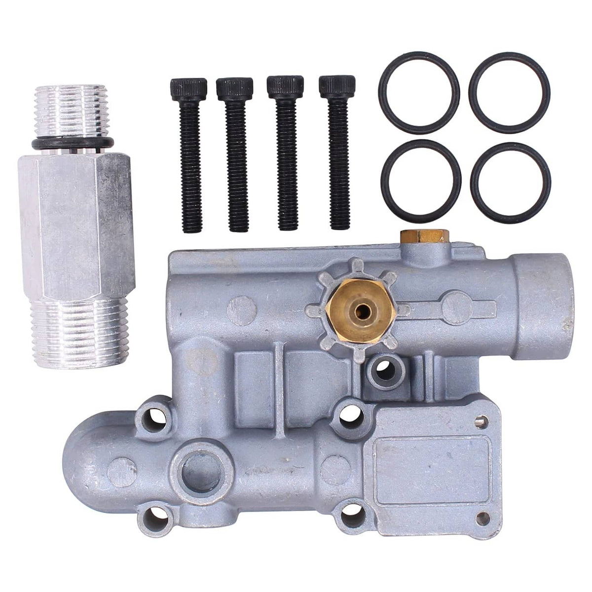 ApplianPar pressure washer unloader manifold kit with grey housing, bolts, and four O-rings