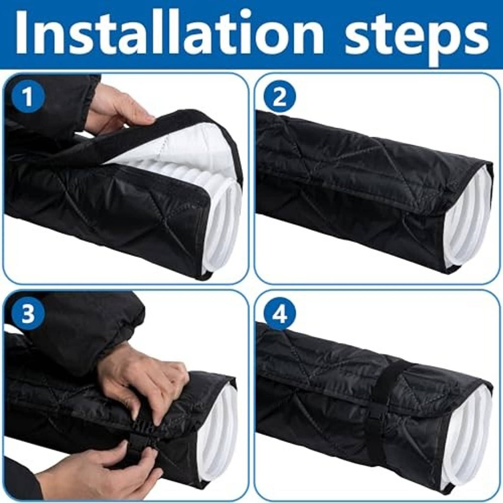 Black quilted AC hose insulation cover with buckle strap shown in use steps