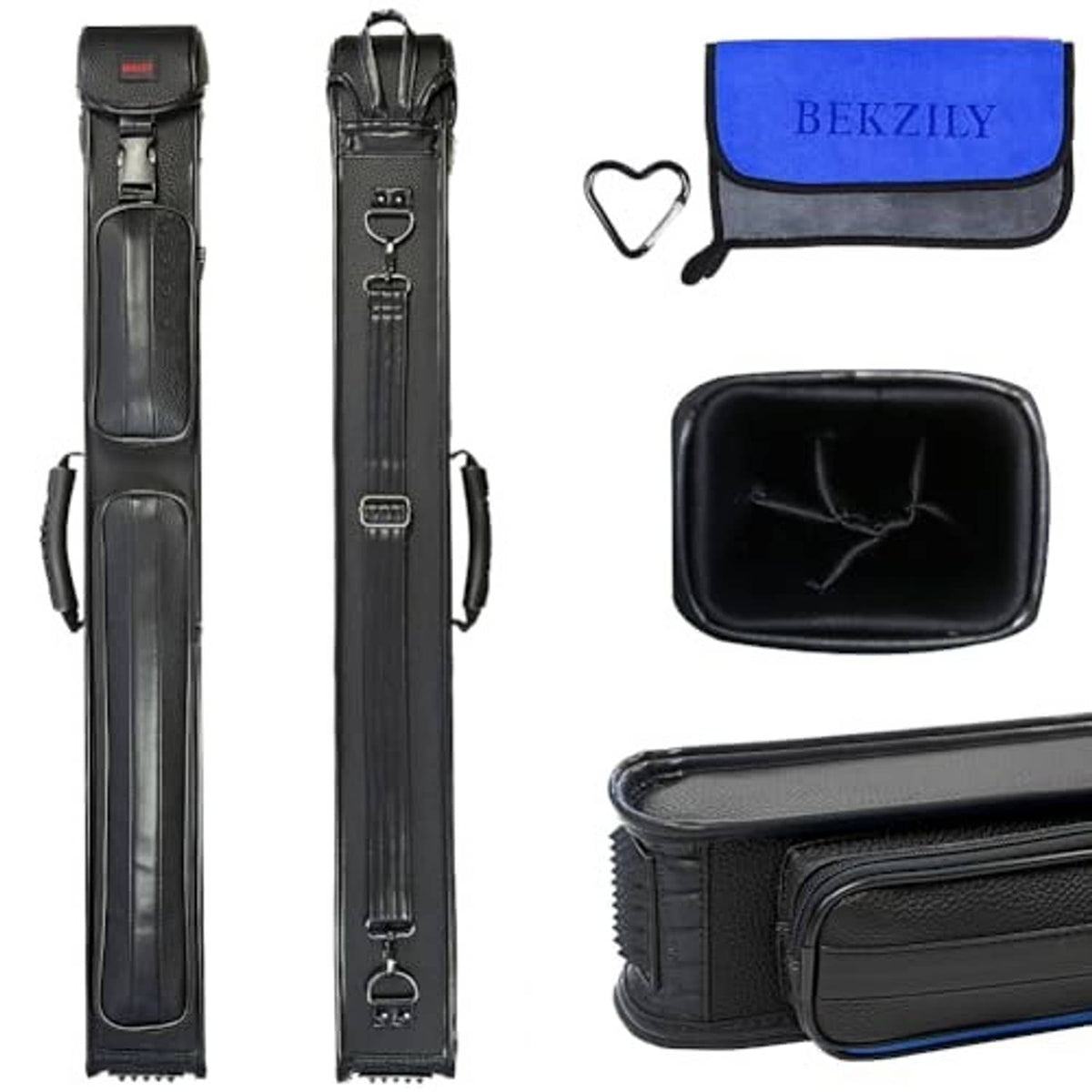 Black billiard cue case with zipper pockets and visible interior compartment
