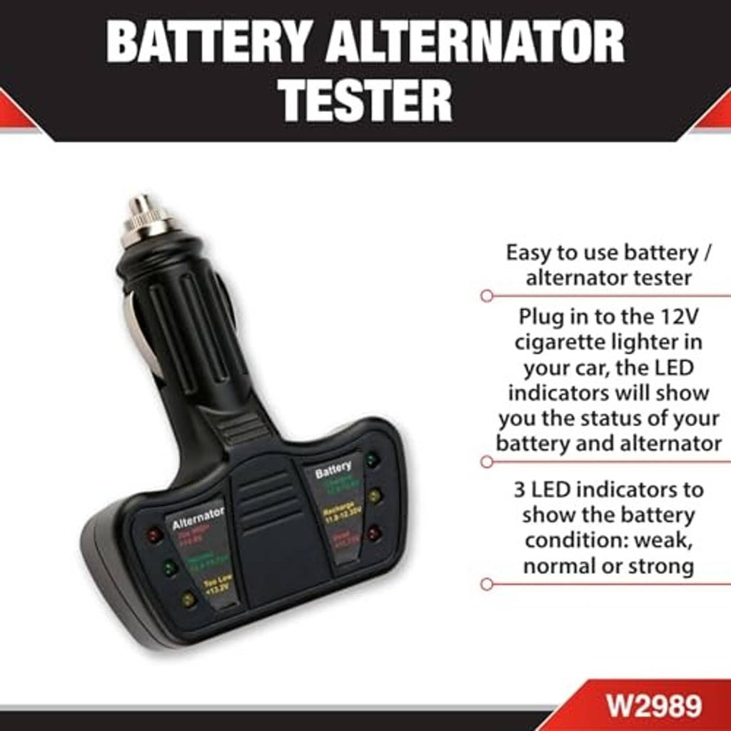 Compact black battery and alternator tester device with LED light indicators