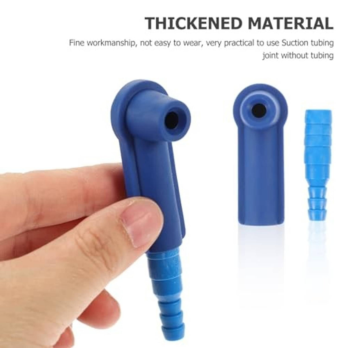 Blue brake tubing fitting connector held in hand, showing circular port and barbed end