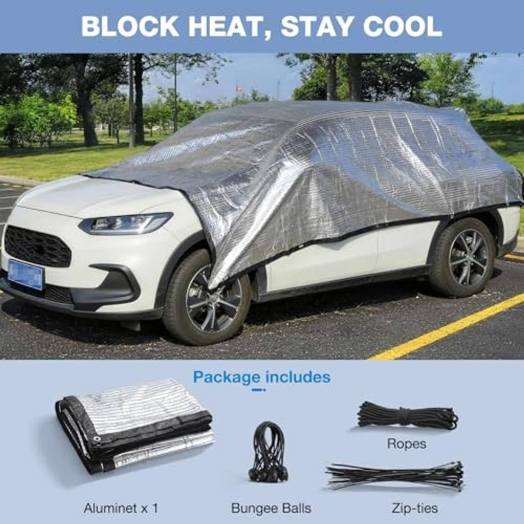 Silver reflective shade cloth draped over a car with attached grommets and included ropes