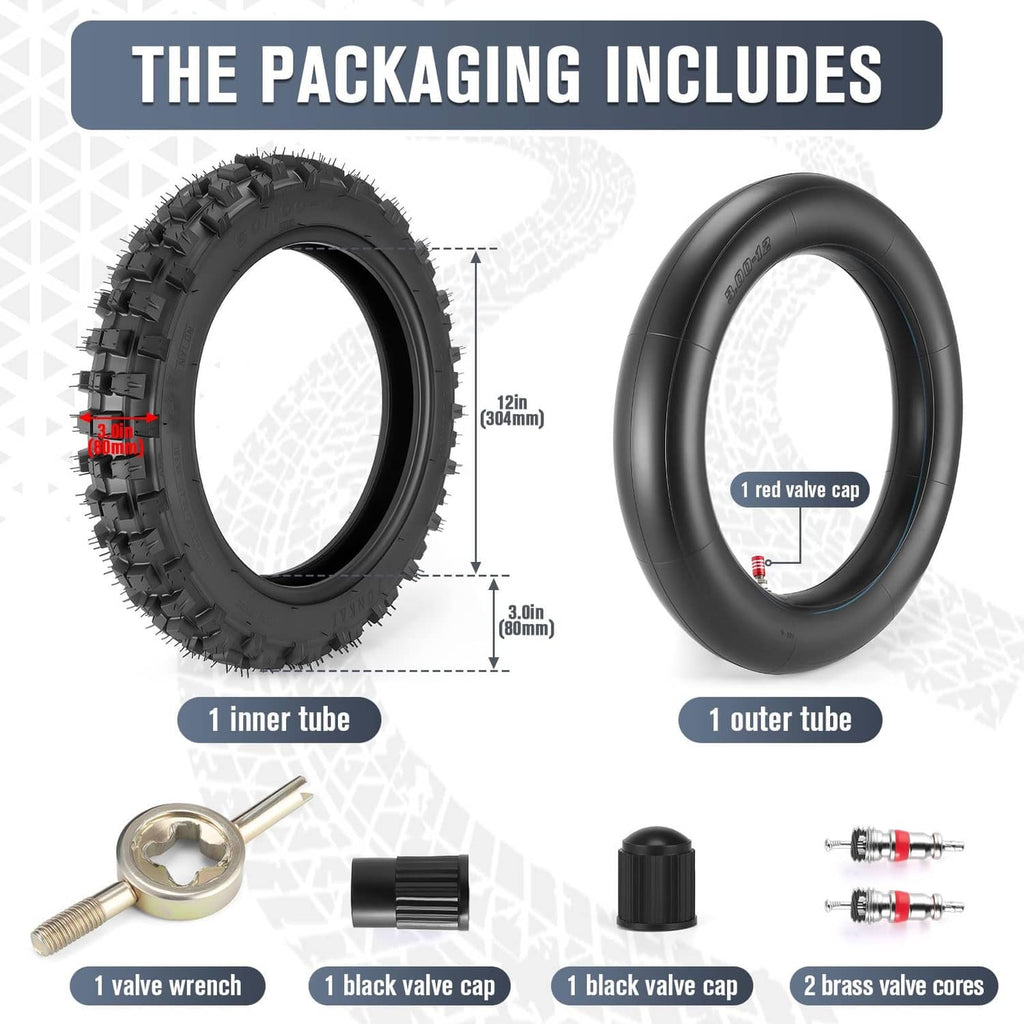 Tire kit with inner tube, valve wrench, black valve caps, and brass valve cores