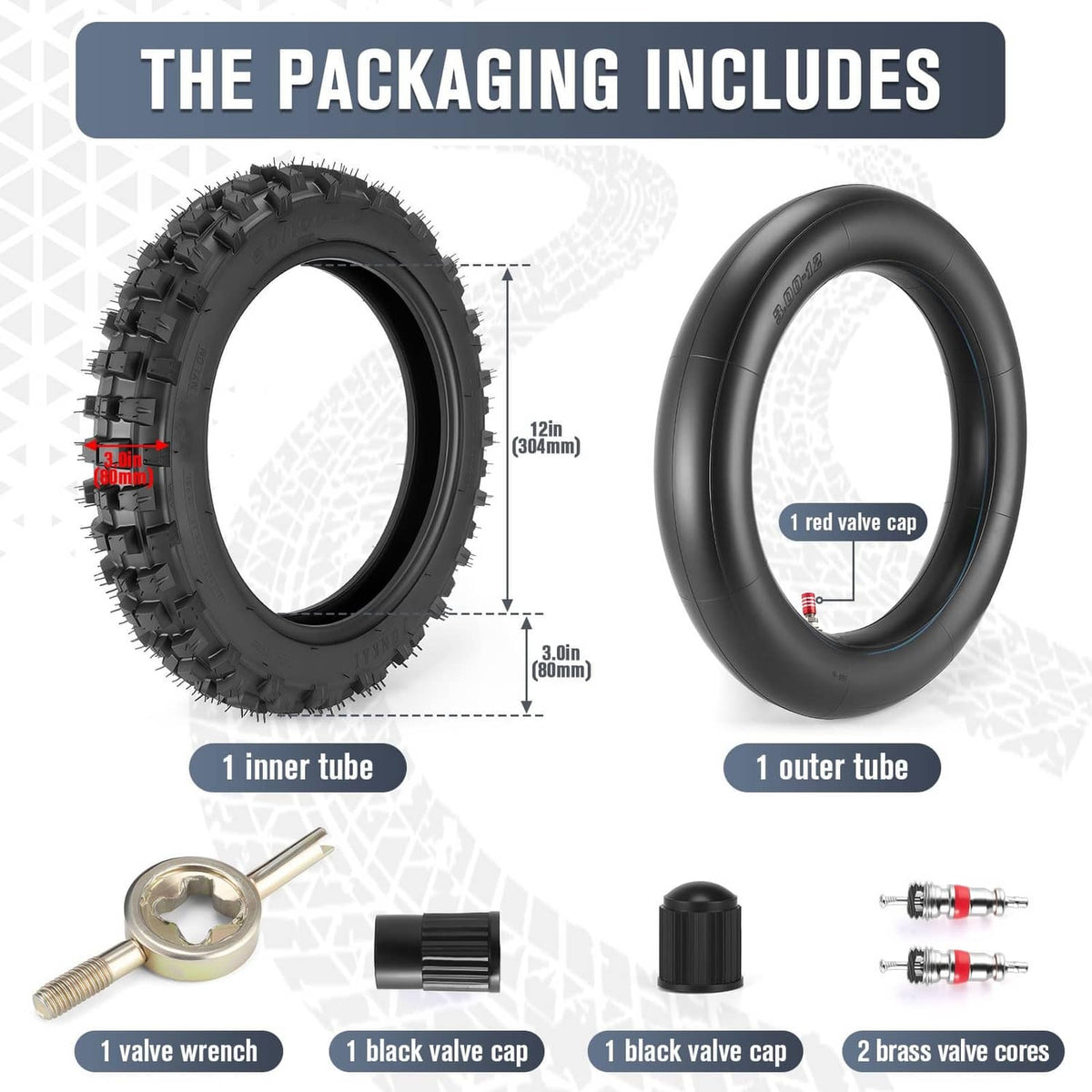 Tire kit with inner tube, valve wrench, black valve caps, and brass valve cores