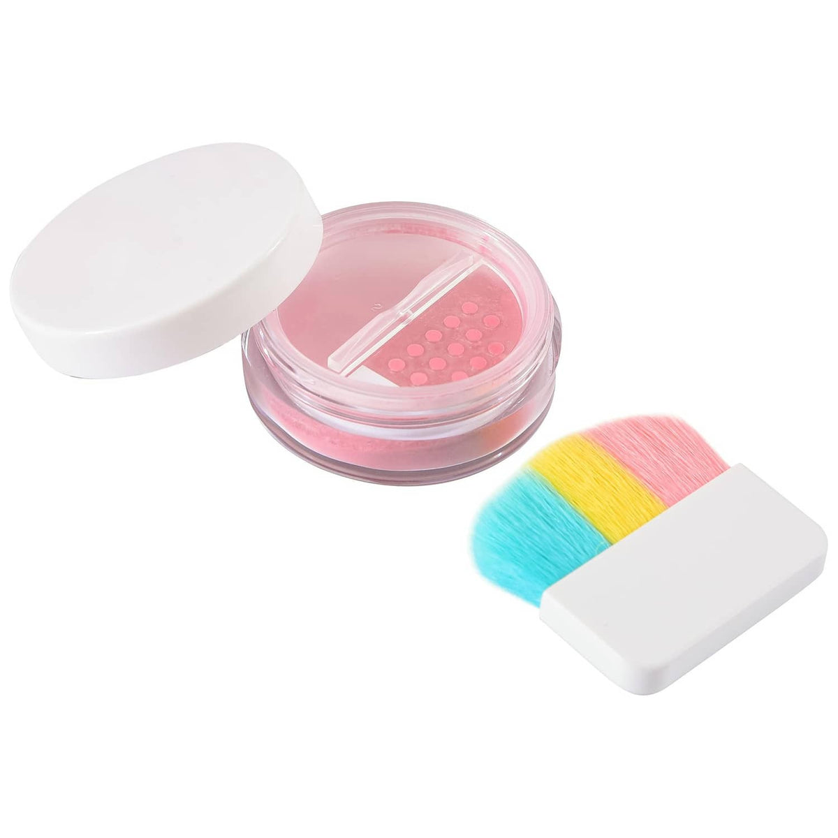 Pink glitter makeup powder in round jar with open lid and multicolor brush