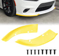 Yellow front bumper lip splitter trim cover for car, shown with mounting holes
