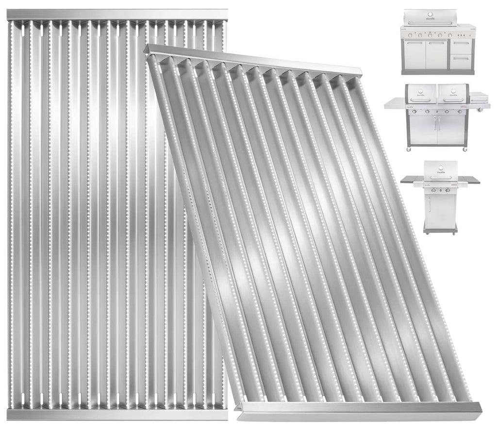 Silver stainless steel grill emitter plates with vented ridges and side brackets