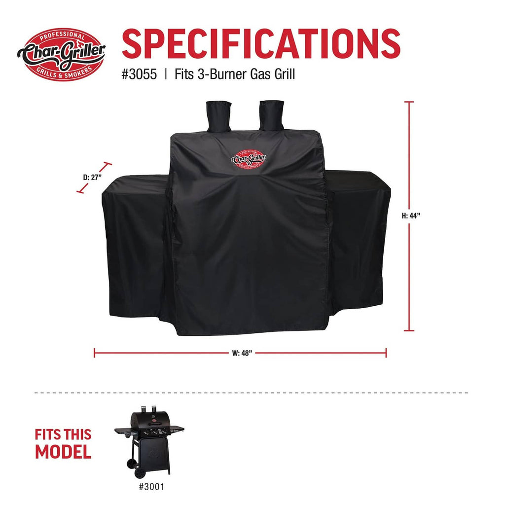 Black 3-burner gas grill cover with Char-Griller logo on front panel.