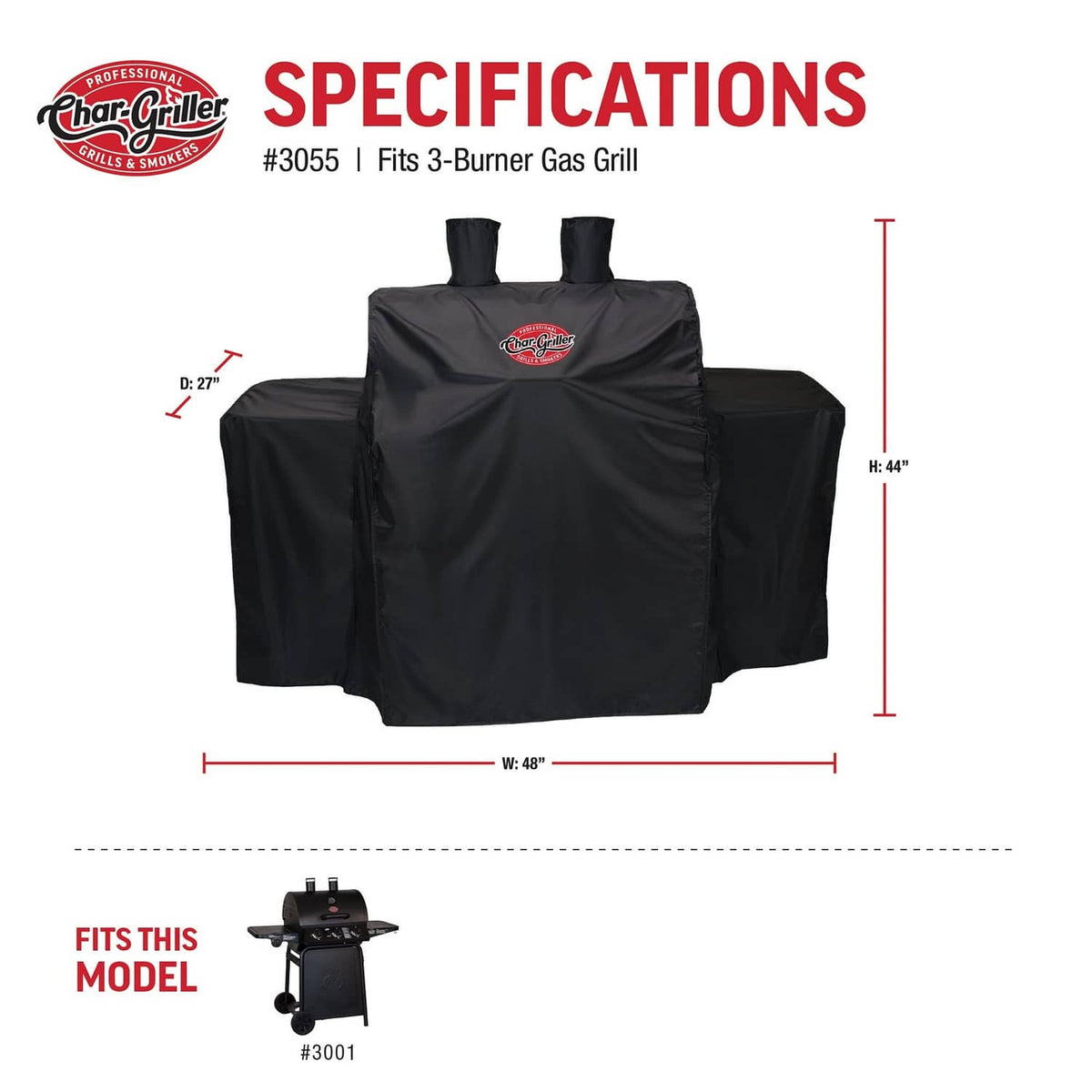 Black 3-burner gas grill cover with Char-Griller logo on front panel.