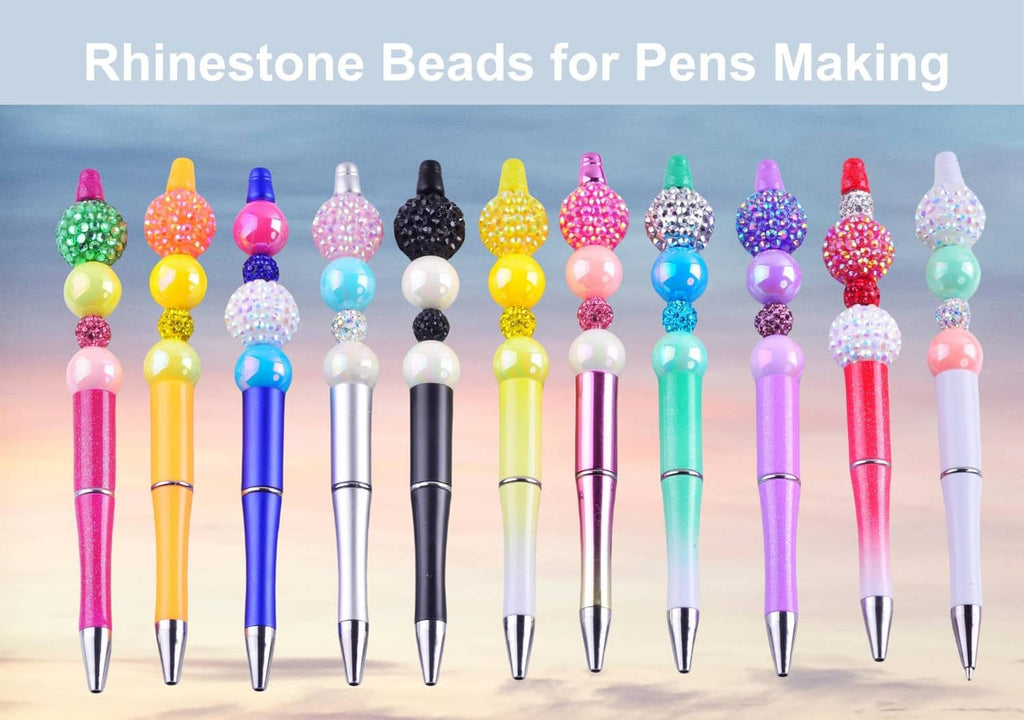 Set of glitter rhinestone-top pens with round faceted beads and colored plastic barrels