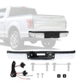 Chrome-finish rear step bumper assembly with parking sensor holes and mounting hardware