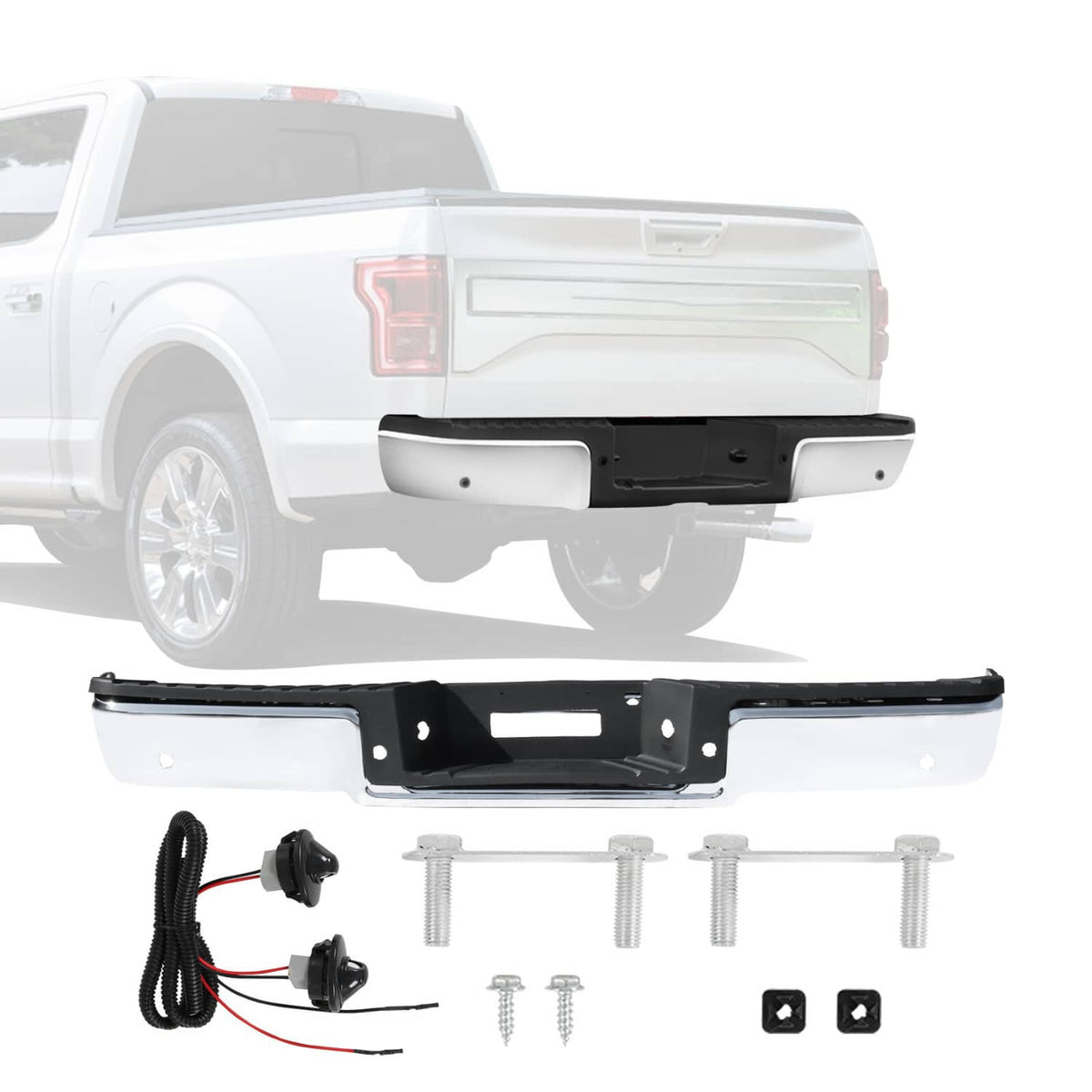 Chrome-finish rear step bumper assembly with parking sensor holes and mounting hardware