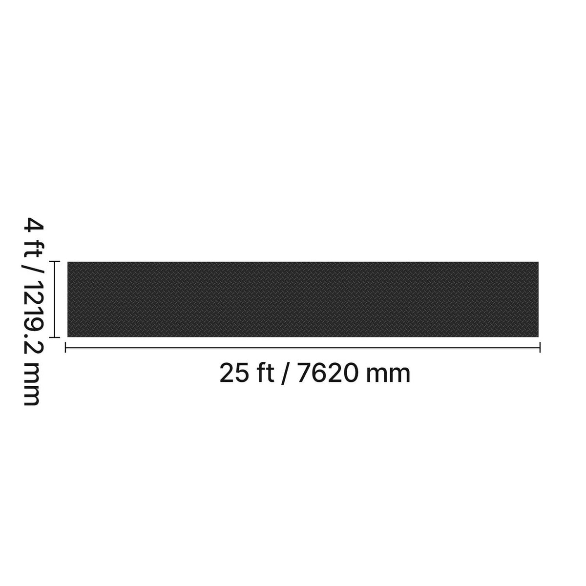 Black rubber garage floor mat, 25 ft x 4 ft size, diamond-textured strip