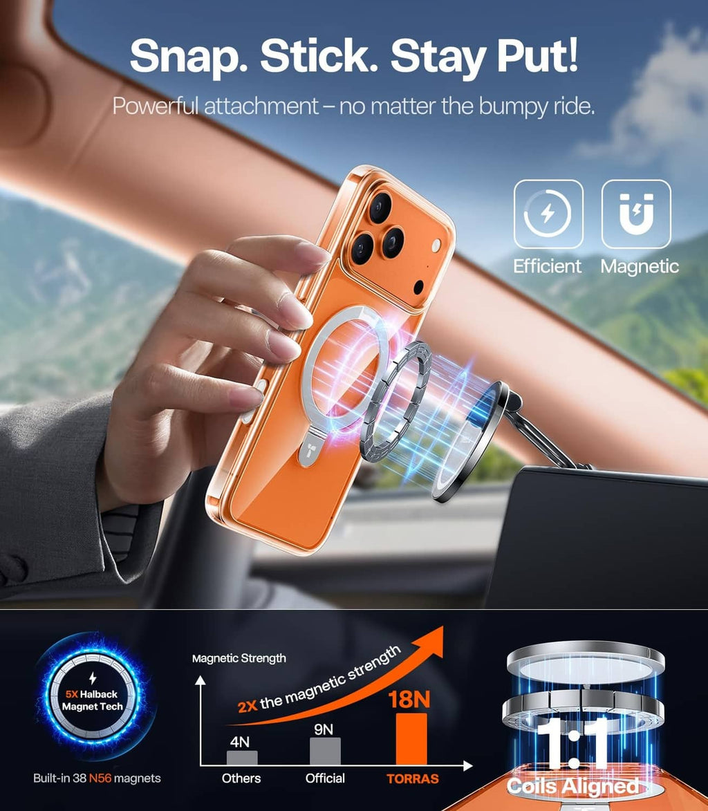 Magnetic ring stand iPhone case that snaps on for secure attachment, shown in hand
