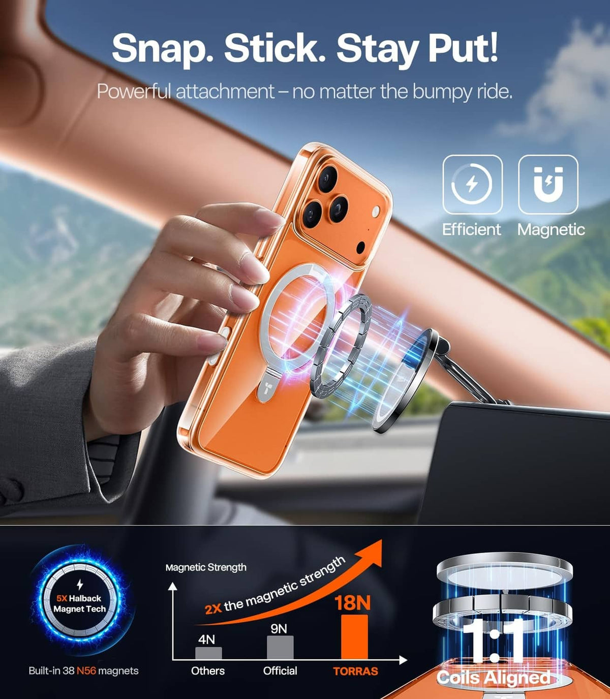 Magnetic ring stand iPhone case that snaps on for secure attachment, shown in hand
