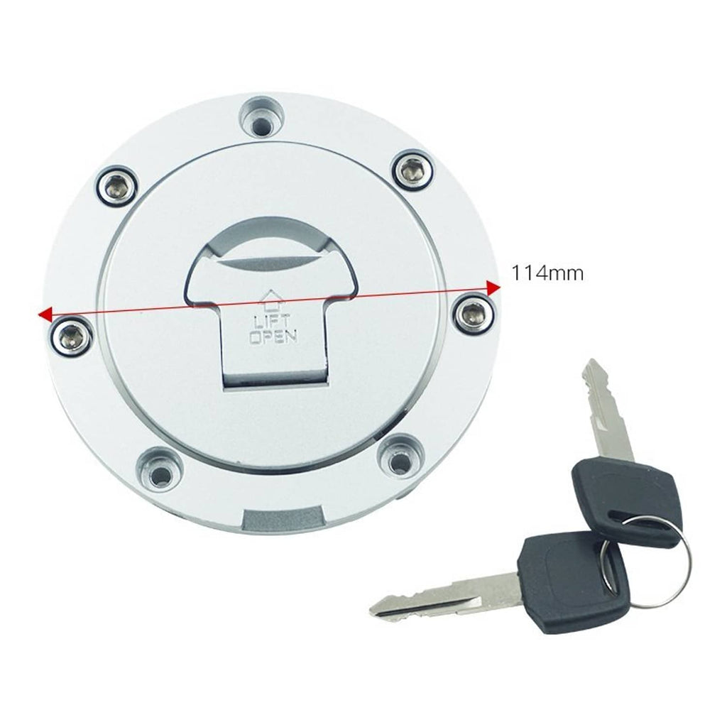 Motorcycle fuel tank cap set with 2 keys; 114 mm measurement shown