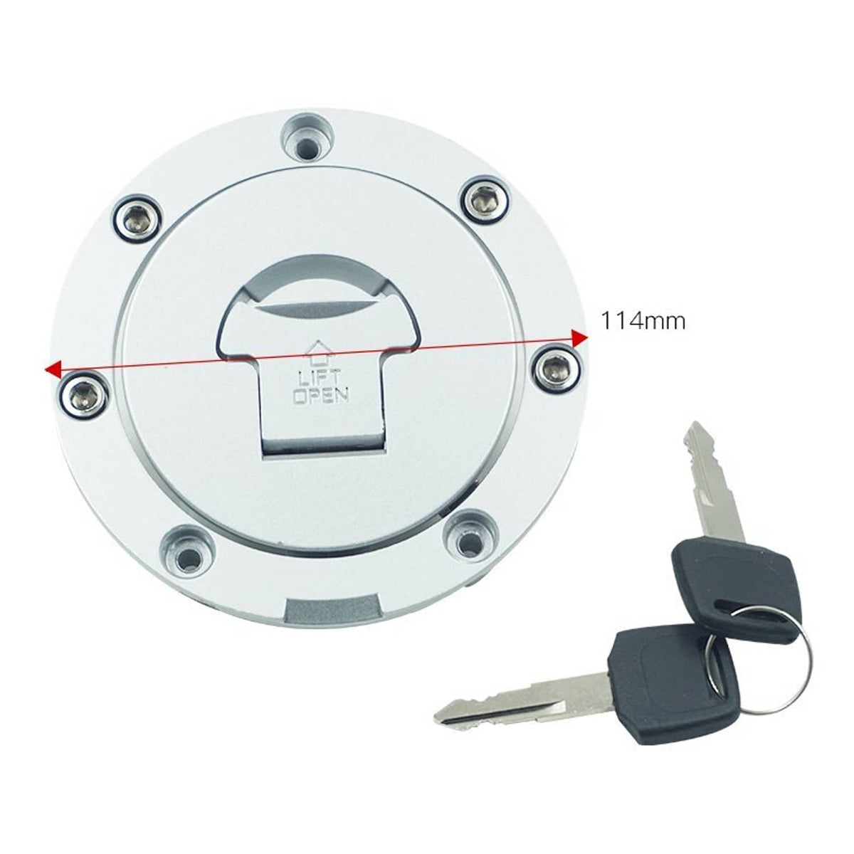 Motorcycle fuel tank cap set with 2 keys; 114 mm measurement shown